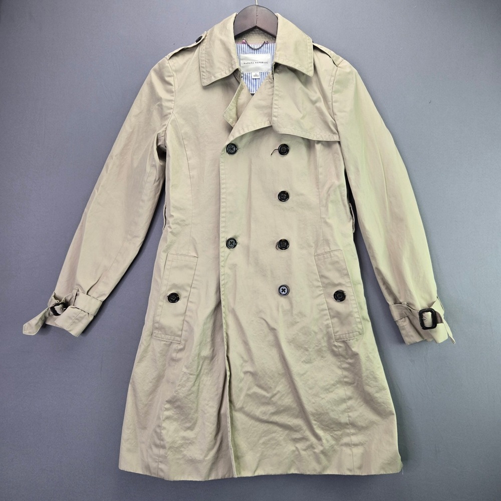 Banana Republic Trench Coat Double Breasted Sz S Khaki Tan Cotton Striped Lined